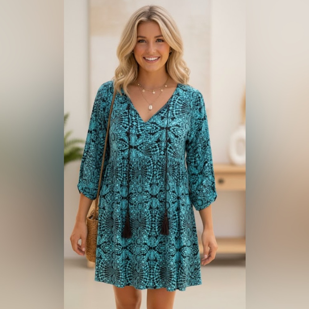 Umgee Teal Turquoise Brown Print 3/4 Sleeve High Waist Mini Dress Size L